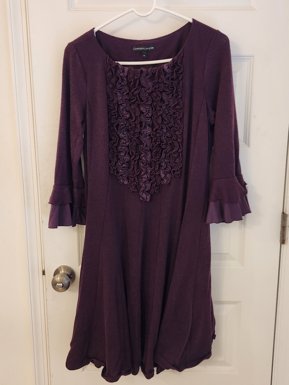 Chris McLaughlin Purple Dress Size 14 Stretchy Midi Ruffles Layered #M1300